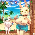  &lt;3 &lt;3_eyes anthro beach beverage big_breasts bikini bikini_bottom breasts choker clothed clothing domestic_cat duo felid feline felis female gesture green_sclera hi_res holding_beverage holding_object huge_breasts humanoid humanoid_pointy_ears jewelry looking_at_viewer mammal mimi_(tophatmahoney) necklace open_mouth open_smile overalls red_sclera seaside short_stack smile swimwear tophatmahoney topless waving 