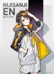  1boy artist_name black_hair black_hoodie character_name copyright_name cosplay eyebrows_visible_through_hair fish_hair_ornament hair_behind_ear hair_ornament hand_in_hair hand_in_pocket hood hoodie leaning_back looking_at_viewer male_focus multicolored_hair nijisanji nijisanji_en orange_hair ordif petra_gurin petra_gurin_(cosplay) purple_eyes purple_hair sailor_collar shirt shorts shu_yamino smile solo streaked_hair two-tone_hoodie white_hoodie white_shirt white_shorts 