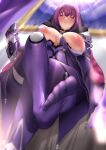  1girl absurdres areolae armor bangs bodysuit breasts breasts_out fate/grand_order fate_(series) feet fur_collar hair_between_eyes highres kymp large_areolae large_breasts legs long_hair looking_at_viewer nipples pauldrons puffy_nipples purple_bodysuit purple_hair red_eyes scathach_(fate) scathach_skadi_(fate) shoulder_armor smile soles tiara toes waist_cape 