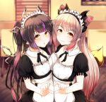  2girls alternate_costume apron bangs black_dress black_ribbon blunt_bangs blurry blurry_background blush breasts brown_hair cleavage closed_mouth collar commentary_request cowboy_shot dameyoshi demon_girl demon_horns demon_tail detached_collar dress enmaided eyebrows_visible_through_hair frilled_sleeves frills hair_cones heart heart_hands heart_hands_duo highres honey_strap horns indoors kojo_anna large_breasts long_hair looking_at_viewer maid maid_headdress medium_breasts multicolored_hair multiple_girls neck_ribbon open_mouth orange_eyes pink_hair pointy_ears puffy_short_sleeves puffy_sleeves purple_hair ribbon short_sleeves smile sugar_lyric suou_patra tail twintails two-tone_hair virtual_youtuber waist_apron white_apron white_collar yellow_eyes 