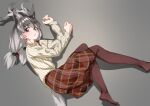  1girl animal_ear_fluff animal_ears antlers bangs brown_legwear deer_ears deer_tail extra_ears eyebrows_visible_through_hair from_above gradient_hair green_eyes grey_background grey_hair hair_between_eyes heterochromia highres kemono_friends long_hair long_skirt long_sleeves looking_at_viewer looking_up low_twintails lying multicolored_hair on_side pantyhose parted_lips plaid plaid_skirt red_eyes reindeer_(kemono_friends) reindeer_antlers shirt simple_background skirt solo striped striped_shirt tail tanabe_(fueisei) twintails vertical-striped_shirt vertical_stripes white_hair 