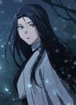  1girl bare_tree black_hair highres long_hair looking_at_viewer night return_of_the_mount_hua_sect snow snowing tree turtleneck twitter_username white_clothes yoruke97 yu_iseol_(return_of_the_mount_hua_sect) 