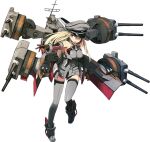  1girl bismarck_(kancolle) bismarck_zwei_(kancolle) blonde_hair boots breasts brown_gloves cannon detached_sleeves full_body gloves grey_eyes grey_footwear grey_legwear hat kantai_collection large_breasts long_hair mecha_musume official_art open_mouth peaked_cap shimada_fumikane solo thighhighs 