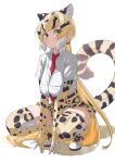  1girl absurdres animal_ear_fluff animal_ears animal_print between_breasts black_hair blonde_hair breast_squeeze breasts closed_mouth clouded_leopard_(kemono_friends) elbow_gloves extra_ears eyebrows_visible_through_hair full_body gloves green_eyes highres kemono_friends large_breasts leopard_ears leopard_girl leopard_print leopard_tail long_hair looking_at_viewer multicolored_hair necktie necktie_between_breasts ponytail print_gloves print_legwear print_skirt red_necktie shirt short_sleeves simple_background skirt solo squatting tail tanabe_(fueisei) thighhighs tiptoes very_long_hair white_background white_hair white_shirt zettai_ryouiki 