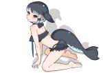  1girl alternate_costume bare_arms bare_legs bare_shoulders barefoot bikini blowhole blue_eyes blush bow commentary_request dolphin_girl dolphin_tail eyebrows_visible_through_hair frilled_bikini frills grey_hair grey_swimsuit hair_bow highres illu kemono_friends kneeling multicolored_hair narwhal_(kemono_friends) short_hair_with_long_locks sidelocks solo swimsuit wavy_mouth 
