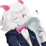  &lt;3 2_horns anthro black_clothing black_suit black_topwear bovid bow_tie butler caprine clothing cute_fangs deltarune dress_shirt eyewear fur glasses goat horn male mammal one_eye_closed pink_eyes pink_horn ralsei rouxlspng serving_tray shirt solo topwear undertale_(series) video_games white_body white_fur wink 