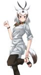  1girl alternate_costume animal_ears arabian_oryx_(kemono_friends) black_pants blush brown_eyes brown_hair capri_pants casual cowboy_shot eyebrows_visible_through_hair gazelle_ears gazelle_horns high_heels highres kemono_friends long_shirt multicolored_hair neckerchief pants sandals scarf shirt short_hair short_sleeves solo standing standing_on_one_leg striped striped_neckerchief t-shirt tanabe_(fueisei) watch white_shirt 