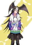  1girl alternate_costume bangs bird_tail bird_wings black_hair black_pants collarbone drawstring eyebrows_visible_through_hair hair_between_eyes hand_in_pocket head_tilt head_wings highres hood hood_down hoodie japari_symbol kemono_friends long_hair long_sleeves looking_at_viewer multicolored_hair orange_eyes pants parted_lips simple_background solo spread_wings striated_caracara_(kemono_friends) tail tanabe_(fueisei) torn_clothes torn_pants two-tone_hair very_long_hair white_hair wings 