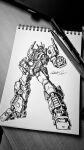  1boy clenched_hand greyscale hand_on_hip highres ink_(medium) leaning_back mecha mechanical_pencil monochrome no_humans notebook optimus_prime pen pencil photo_(medium) science_fiction solo subjekt_zero traditional_media transformers 