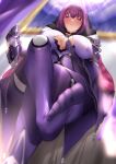  1girl absurdres armor bangs bodysuit breasts cleavage cleavage_cutout clothing_cutout fate/grand_order fate_(series) feet fur_collar hair_between_eyes highres kymp large_breasts legs long_hair looking_at_viewer pauldrons purple_bodysuit purple_hair red_eyes scathach_(fate) scathach_skadi_(fate) shoulder_armor smile soles tiara toes waist_cape 