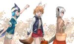  3girls animal_ears arm_up basket beige_coat black_hair blonde_hair blowhole blue_hair blue_jacket blue_shirt blush casual clenched_hand coat common_dolphin_(kemono_friends) cowboy_shot dhole_(kemono_friends) dog_ears dog_girl dog_tail dolphin_girl dolphin_tail dorsal_fin drawstring extra_ears eyebrows_visible_through_hair glasses grey_hair grey_hoodie highres hood hood_down hoodie jacket kemono_friends kemono_friends_3 letterman_jacket light_brown_hair long_sleeves meerkat_(kemono_friends) meerkat_ears meerkat_tail multicolored_clothes multicolored_hair multicolored_jacket multiple_girls official_alternate_costume plaid_trim red_shorts red_skirt sailor_collar shirt short_hair short_shorts short_sleeves shorts skirt t-shirt tail tanabe_(fueisei) two-tone_hair two-tone_jacket white_hair white_jacket white_shorts yellow_eyes 
