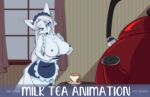  aime animated beverage blush bodily_fluids breast_squeeze breasts clothing double_ds fixen frilly hair iced_latte_with_breast_milk_meme invalid_tag lactating legwear long_hair maid_uniform milk milky mother moving parent slim tea thigh_highs tit_squeeze uniform 