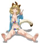  1girl animal_ears bare_legs barefoot bikini blonde_hair blue_hoodie drawstring eyebrows_visible_through_hair feet flower foreshortening full_body grin highres hood hood_down hoodie kemono_friends kemono_friends_3 lion_(kemono_friends) lion_ears lion_girl lion_tail looking_at_viewer midriff navel official_alternate_costume open_clothes open_hoodie short_hair sitting smile soles solo swimsuit tail tanabe_(fueisei) toes v white_bikini yellow_eyes 