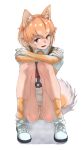  1girl :d absurdres animal_ears blush brown_gloves brown_legwear brown_necktie brown_shorts collared_shirt dog_(shiba_inu)_(kemono_friends) dog_ears dog_girl dog_tail elbow_gloves extra_ears eyebrows_visible_through_hair full_body fur_trim gloves harness highres hugging_own_legs kemono_friends light_brown_hair looking_at_viewer multicolored_hair necktie open_mouth orange_eyes shirt shoes short_hair short_shorts short_sleeves shorts sitting smile sneakers socks solo t-shirt tail tanabe_(fueisei) two-tone_gloves two-tone_hair two-tone_legwear white_footwear white_gloves white_hair white_legwear white_shirt 