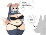  2022 anthro aroused bangs belly big_breasts black_bra black_clothing black_eyes black_panties black_underwear blue_sclera bra breasts canid canine canis cheek_tuft chubby_anthro chubby_female cleavage clothed clothing dialogue digital_media_(artwork) duo english_text exclamation_point facial_tuft female fluffqween frown fur grey_body grey_clothing grey_legwear grey_stockings hair hi_res legwear lidded_eyes lingerie looking_at_viewer mammal navel nun open_mouth orange_ears orange_hair panties presenting presenting_breasts raised_clothing raised_outfit raised_topwear seductive simple_background slightly_chubby smile solo speech_bubble stockings surprised_expression tan_body tan_fur teeth text three-quarter_view topwear tuft underwear wide_eyed 