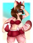  accessory anthro ball beach beach_ball bikini bottomwear chainilla_(artist) clothing eyewear felid feline female fraise_(lescarletsinger) hair hair_accessory hair_bow hair_ribbon hi_res inflatable mammal ponytail ribbons seaside serval skirt solo sunglasses swimwear waist_bow ych_result 