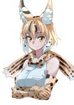  1girl absurdres animal_ear_fluff animal_ears arms_under_breasts bangs bare_shoulders black_hair blonde_hair bow bowtie breasts cropped_torso elbow_gloves extra_serval_(kemono_friends) eyebrows_visible_through_hair gloves gradient_hair hair_between_eyes highres kemono_friends looking_at_viewer medium_breasts multicolored_hair print_bow print_bowtie print_gloves serval_print shirt simple_background sleeveless sleeveless_shirt smile solo tanabe_(fueisei) teeth upper_teeth white_background white_hair white_shirt yellow_eyes 