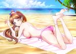  1girl anklet aqua_eyes arch_bishop_(ragnarok_online) ass bangs beach beach_towel bikini bikini_top_removed breasts brown_hair cloud cloudy_sky commentary_request earrings feet_up frilled_bikini_bottom hair_ornament highres hoop_earrings jewelry large_breasts legs lens_flare looking_at_viewer looking_back looking_to_the_side lotion lying ocean on_stomach one_eye_closed outdoors palm_tree parted_bangs pink_bikini pointing pointing_up pointy_ears ponytail ragnarok_online raida_(user_yypr5857) shadow shiny shiny_skin sideboob sidelocks sky smile soles solo sunlight sunscreen swimsuit the_pose thighs toes towel tree 