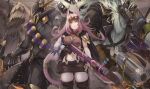  1girl 2boys animal_ears armor artist_name bandolier bayonet boots breasts cat_ears cat_tail cowboy_shot dog_mask duel_monster feathered_wings full_armor gloves goggles goggles_on_head gun helmet holding holding_gun holding_weapon ku-ba long_hair mask midriff multiple_boys navel pink_hair skirt slit_pupils suspender_skirt suspenders tail thigh_boots thighhighs tri-brigade_ferrijit_the_barren_blossom tri-brigade_rugal_the_silver_sheller tri-brigade_shuraig_the_ominous_omen weapon white_hair wings yu-gi-oh! 