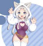  1girl alexalap alexalapp animal_ears blue_eyes cat_ears cat_girl cat_tail fang highres hood hoodie pale_skin silver_hair tail thick_thighs thighhighs thighs vdonburi virtual_youtuber 