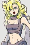 1girl ayla_(chrono_trigger) blonde_hair blue_eyes breasts caveman chrono_trigger cleavage curly_hair highres long_hair looking_at_viewer marimoriah navel open_mouth scarf simple_background solo 