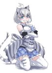  1girl absurdres ahoge animal_ears animal_print back_bow bangs bare_shoulders black_hair blue_eyes bow cat_girl cave_lion_(kemono_friends) center_frills crossed_arms detached_sleeves extra_ears eyebrows_visible_through_hair fangs frilled_skirt frills full_body gloves grey_hair grin hand_on_own_arm hands_on_own_arms highres huge_bow kemono_friends kneeling lion_ears lion_girl lion_tail looking_at_viewer multicolored_hair necktie no_shoes plaid plaid_necktie plaid_skirt print_gloves print_legwear print_shirt shirt short_hair sidelocks simple_background skirt sleeveless sleeveless_shirt smile solo tail tanabe_(fueisei) teeth thighhighs white_background white_hair zettai_ryouiki 