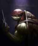  anthro fur green_body green_fur looking_at_viewer male melee_weapon muscular muscular_anthro muscular_male raphael_(tmnt) reptile sai_(weapon) scalie shell simple_background solo teenage_mutant_ninja_turtles turtle weapon zulzul 