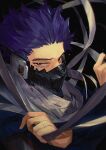  1boy bags_under_eyes blurry boku_no_hero_academia costume depth_of_field forehead from_side gym_uniform jumpsuit looking_at_viewer male_focus mask messy_hair mm39572 mouth_mask purple_eyes purple_hair scarf shinsou_hitoshi short_hair soft_focus solo spiked_hair sweat twitter_username u.a._gym_uniform 