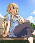  1girl arm_support bench black_pants blonde_hair blue_eyes blue_sky blush breasts bush capri_pants cloud crossed_legs day eyebrows feet_out_of_frame hand_on_own_chest highres k-on! kotobuki_tsumugi leggings long_hair looking_at_viewer medium_breasts on_bench open_mouth outdoors pants park_bench short_sleeves sitting skirt sky smile solace solo thick_eyebrows thighs 