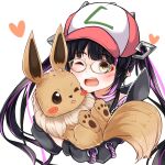  1girl bangs baseball_cap bespectacled black_hair black_jacket black_shirt blunt_bangs blush brown-framed_eyewear commentary_request dameyoshi demon_girl demon_horns eevee eyebrows_visible_through_hair glasses hat heart highres holding holding_pokemon horns jacket kojo_anna long_hair looking_at_viewer multicolored_hair one_eye_closed open_clothes open_jacket open_mouth pointy_ears pokemon pokemon_(creature) shirt simple_background sleeveless sleeveless_shirt smile sugar_lyric twintails two-tone_hair upper_body virtual_youtuber white_background yellow_eyes zipper 