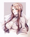  1girl blush breasts brown_eyes brown_hair covered_nipples dated dress eyebrows_visible_through_hair girls&#039;_frontline green_eyes grey_jacket half-closed_eyes highres jacket large_breasts lee-enfield_(girls&#039;_frontline) lee-enfield_(lifelong_protector)_(girls&#039;_frontline) long_hair looking_at_viewer nvalkyrja off_shoulder official_alternate_costume parted_lips solo upper_body wedding_dress 