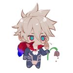  1boy black_bodysuit blue_eyes bodysuit cape chest_jewel chibi crying earrings fate/apocrypha fate/extella fate/extella_link fate/extra fate/extra_ccc fate/extra_ccc_fox_tail fate/grand_order fate_(series) flower fur_collar holding holding_flower jewelry karna_(fate) male_focus red_eyes sad simple_background single_earring solo spiked_hair sqloveraven type-moon white_background white_hair 