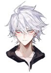  1boy bangs bishounen blue_eyes blush chinese_commentary eyeshadow face fate/apocrypha fate/extella fate/extella_link fate/extra fate/extra_ccc fate/extra_ccc_fox_tail fate/grand_order fate_(series) hair_between_eyes karna_(fate) light_blush light_smile makeup male_focus pale_skin portrait red_eyeshadow short_hair sideways_glance simple_background smile solo sqloveraven type-moon white_background white_hair 