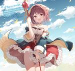  1girl :d absurdres ahoge atelier_(series) atelier_sophie bare_shoulders blue_coat blush breast_squeeze breasts brown_eyes cloud coat collarbone corset cowboy_shot head_scarf highres holding holding_weapon jewelry long_coat necklace nijihashi_sora off_shoulder outdoors red_hair red_skirt skirt sky smile solo sophie_neuenmuller staff standing weapon 