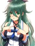  1girl absurdres black_ribbon black_serafuku blue_neckerchief blue_neckwear blue_ribbon breasts choker detached_sleeves eyebrows_visible_through_hair green_eyes green_hair hair_between_eyes hair_ornament hair_ribbon hairclip highres kantai_collection lips long_hair medium_breasts neckerchief ponytail ribbon school_uniform serafuku shigatsu_(soratobuusagi) simple_background solo upper_body white_background white_choker yamakaze_(kancolle) 