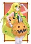  1girl absurdres bare_shoulders blonde_hair bow bowtie center_frills cowboy_shot eyebrows_visible_through_hair frills gloves green_eyes green_hair green_vest hand_in_hair hat hat_removed headwear_removed highres holding holding_clothes holding_hat jack-o&#039;-lantern_(kemono_friends) kemono_friends long_hair multicolored_hair orange_bow orange_bowtie orange_shorts pantyhose pumpkin_hat pumpkin_pants shirt shorts sleeveless solo tanabe_(fueisei) vest white_gloves white_legwear white_shirt 