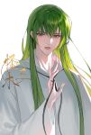  1other ambiguous_gender androgynous bangs chinese_text enkidu_(fate) fate/grand_order fate/strange_fake fate_(series) green_eyes green_hair guaisen hand_up highres long_hair robe simple_background solo toga type-moon upper_body very_long_hair white_background 