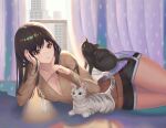  1girl bangs black_hair breasts brown_eyes cat cat_teaser city cleavage closed_mouth cowboy_shot hand_on_own_cheek hand_on_own_face head_rest highres indoors long_hair long_sleeves lying moonandmist on_side original short_shorts shorts small_breasts v-neck 