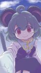  1girl ahoge animal_ears blush closed_mouth cookie_(touhou) eyebrows_visible_through_hair grey_hair highres lips looking_at_viewer mouse_ears mouse_tail nazrin nyon_(cookie) red_eyes short_hair smile solo tail touhou tsuzuchii 