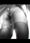  1girl absurdres ass between_legs clothes_lift commentary_request condom from_behind from_below greyscale hand_between_legs highres letterboxed long_hair lower_body monochrome noto_kurumi original panties simple_background skirt skirt_lift solo thighhighs underwear used_condom very_long_hair white_background 