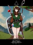  bangs belt black_belt blurry blurry_background bottle breasts brown_hair cleavage copyright_name english_commentary eyeshadow genderswap genderswap_(mtf) gonzo_(jgonzohasbigdum) green_headwear hat highres holding holding_shield holding_sword holding_weapon large_breasts link makeup pointy_ears potion red_eyeshadow sheath sheathed shield sword the_legend_of_zelda the_legend_of_zelda_(nes) tree weapon 