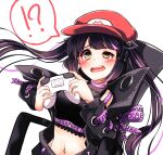  !? 1girl bangs black_hair black_jacket black_shirt blunt_bangs blush breasts chair commentary_request controller crop_top cross-laced_sleeves dameyoshi demon_girl demon_horns eyebrows_visible_through_hair game_controller heart heart_print highres holding holding_controller holding_game_controller horns jacket kojo_anna long_hair long_sleeves mario_(series) medium_breasts midriff multicolored_hair navel off_shoulder open_clothes open_jacket open_mouth pink_hair pointy_ears print_shirt red_headwear russian_text see-through_shirt shirt simple_background sleeveless sleeveless_shirt solo sugar_lyric twintails two-tone_hair uneven_eyes upper_body virtual_youtuber white_background yellow_eyes zipper 