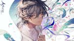 1boy arjuna_(fate) bangs bishounen black_eyes black_hair character_name dark-skinned_male dark_skin face fate/extella fate/extella_link fate/extra fate/grand_order fate_(series) flower hair_between_eyes highres indian_clothes light_particles light_smile looking_at_viewer male_focus ribbon short_hair smile solo sqloveraven type-moon 