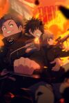  3boys aiming black_footwear black_hair black_jacket blurry boots brown_hair debris depth_of_field echo_(circa) ema_yuzuru explosion grey_pants grin ground_vehicle gun holding holding_gun holding_weapon hug jacket kageura_masato kitazoe_hiro long_sleeves looking_away male_focus motor_vehicle motorcycle multiple_boys multiple_riders pants profile riding rifle sideways_glance smile sniper_rifle spiked_hair turtleneck uniform weapon world_trigger 