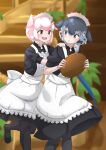  2girls alternate_costume apron back_bow black_dress black_legwear blowhole blue_eyes blush bow brown_eyes center_frills collar dress enmaided eyebrows_visible_through_hair frilled_collar frills grey_hair hair_bow high_collar highres kemono_friends kemono_friends_3 maid maid_apron maid_headdress multicolored_hair multiple_girls narwhal_(kemono_friends) pantyhose pig_(kemono_friends) pink_hair puffy_short_sleeves puffy_sleeves short_hair short_hair_with_long_locks short_sleeves tanabe_(fueisei) tray white_apron white_hair 