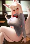 1girl absurdres animal_ears blush bottomless bow bowtie breasts buttons collared_shirt dress_shirt fox_ears fox_girl fox_tail highres huge_breasts long_hair looking_at_viewer nicorima original phone red_eyes shirt sitting solo tail 