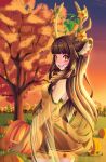  1girl alternate_eye_color alternate_hair_color animal_ear_fluff animal_ears antlers ark_evil02 autumn autumn_leaves bangs blush brown_eyes brown_hair commission detached_sleeves dress elbow_gloves english_commentary eyebrows_visible_through_hair flower food gloves haruka_karibu highres holding holding_food holding_pumpkin holding_vegetable indie_virtual_youtuber long_hair looking_at_viewer moose_ears moose_girl parted_lips pumpkin sky smile vegetable very_long_hair virtual_youtuber watermark yellow_dress yellow_flower yellow_gloves 