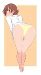  1girl absurdres ass bare_legs barefoot blush brown_hair ear_blush full_body highres honda_mio idolmaster idolmaster_cinderella_girls leaning_forward looking_at_viewer looking_back no_pants orange_background panties shirt simple_background solo two-tone_background underwear wasabijoyu76 white_shirt yellow_eyes yellow_panties 