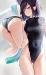  ... 1girl all_fours ass bangs black_hair blue_gloves breasts cleaning covered_navel cowboy_shot gloves groin highleg highleg_swimsuit highres holding holding_shower_head holding_sponge looking_at_viewer mignon multiple_views one-piece_swimsuit original purple_eyes short_hair shower_head small_breasts soap_bubbles sponge swept_bangs swimsuit thigh_gap thighs translated water 