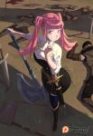  1girl 4boys artist_name axe belt belt_buckle blush boots breasts buckle commentary defeat english_commentary fire_emblem fire_emblem:_three_houses flag garreg_mach_monastery_uniform green_little high_heel_boots high_heels hilda_valentine_goneril holding holding_axe large_breasts long_hair lying military military_uniform multiple_boys on_stomach pants patreon_username pink_eyes pink_hair sheath sheathed shirt smile soldier sword thighhighs twintails unconscious uniform weapon zettai_ryouiki 